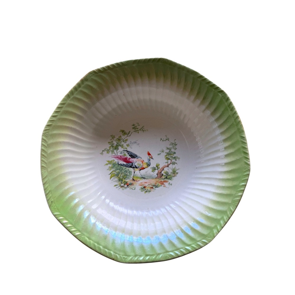 Antique Victorian Staffordshire‎ Bowl Bird Green Fluted Rim Transferware 1800s